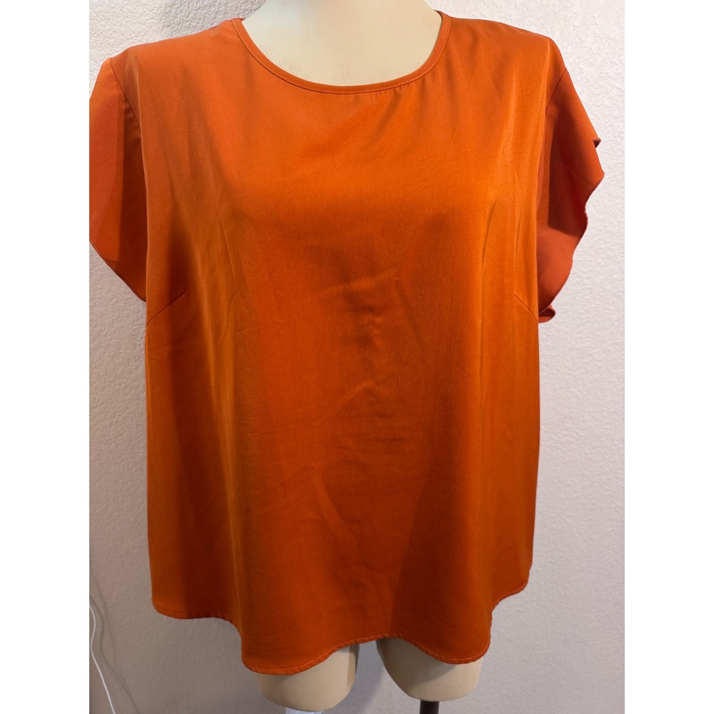 Womens Burnt Orange Flutter Sleeve Blouse Round Neck Satin Finish Top XL